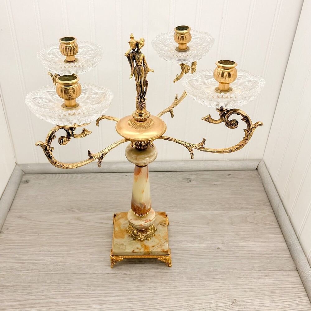 Hollywood Regency Brass Candelabra with Onyx Gilt Bronze and Cut Glass Cre-Art
